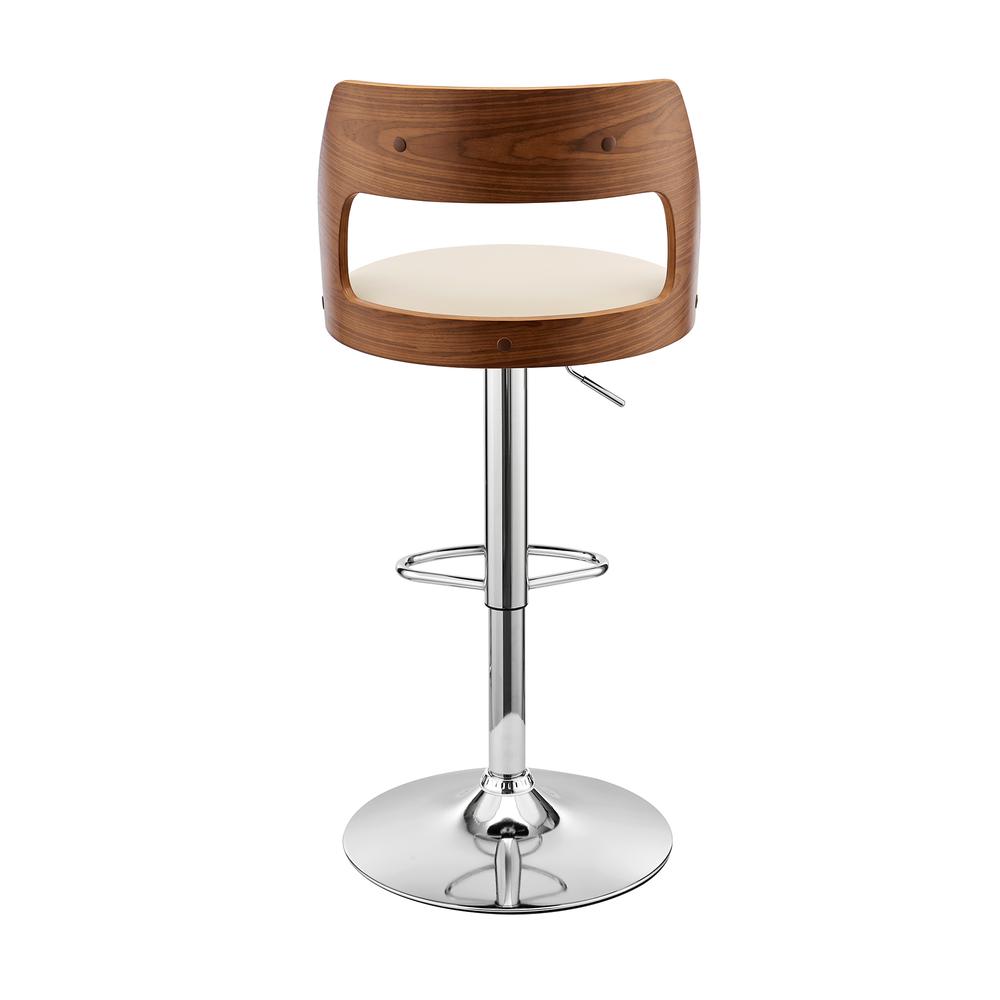 Itzan Adjustable Swivel Cream Faux Leather and Walnut Wood Bar Stool with Chrome Base. Picture 5