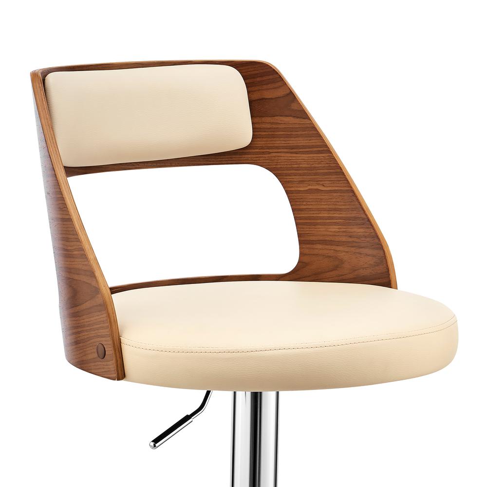 Itzan Adjustable Swivel Cream Faux Leather and Walnut Wood Bar Stool with Chrome Base. Picture 6