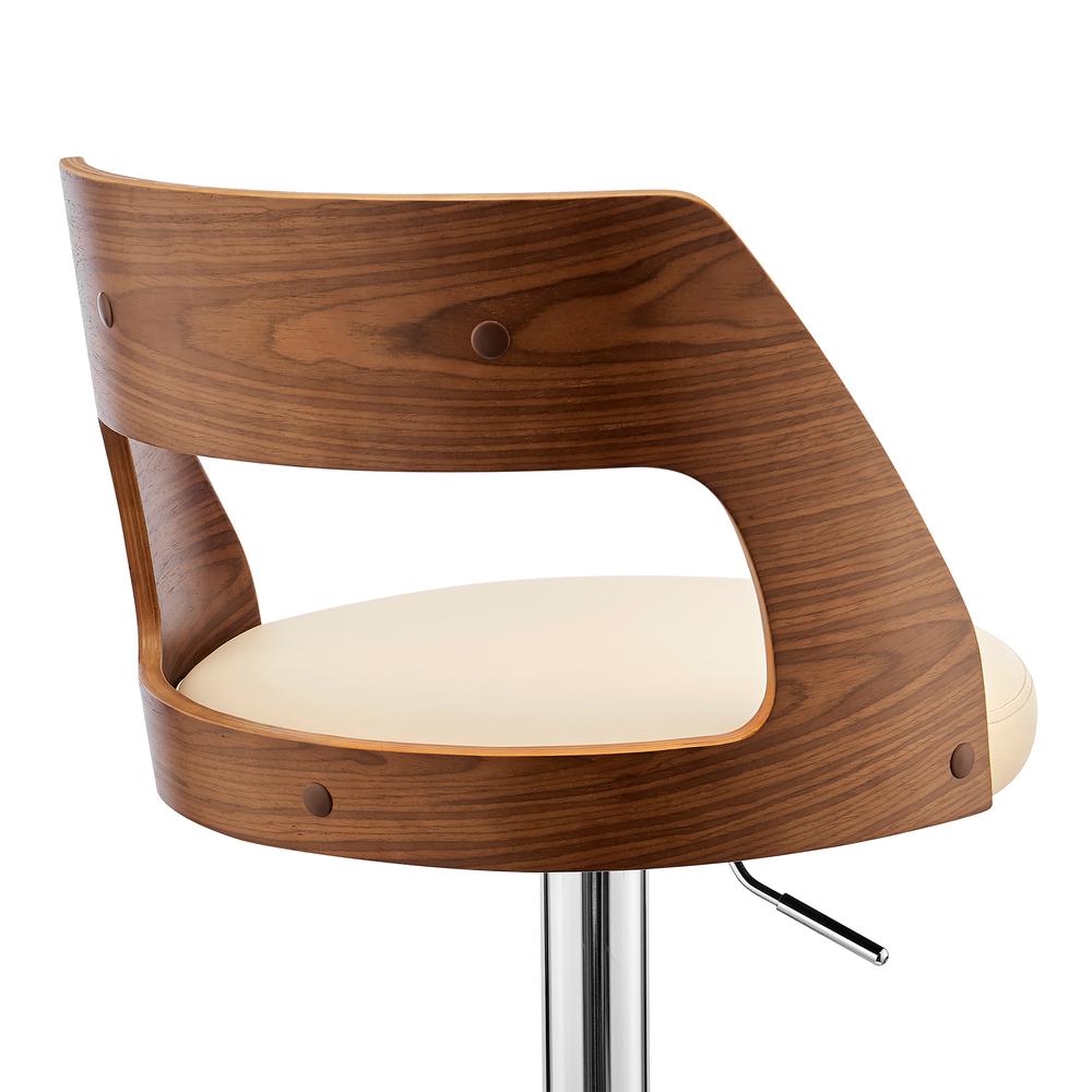 Itzan Adjustable Swivel Cream Faux Leather and Walnut Wood Bar Stool with Chrome Base. Picture 7