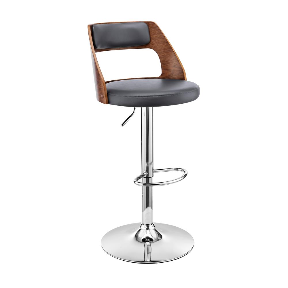 Itzan Adjustable Swivel Grey Faux Leather and Walnut Wood Bar Stool with Chrome Base. Picture 1