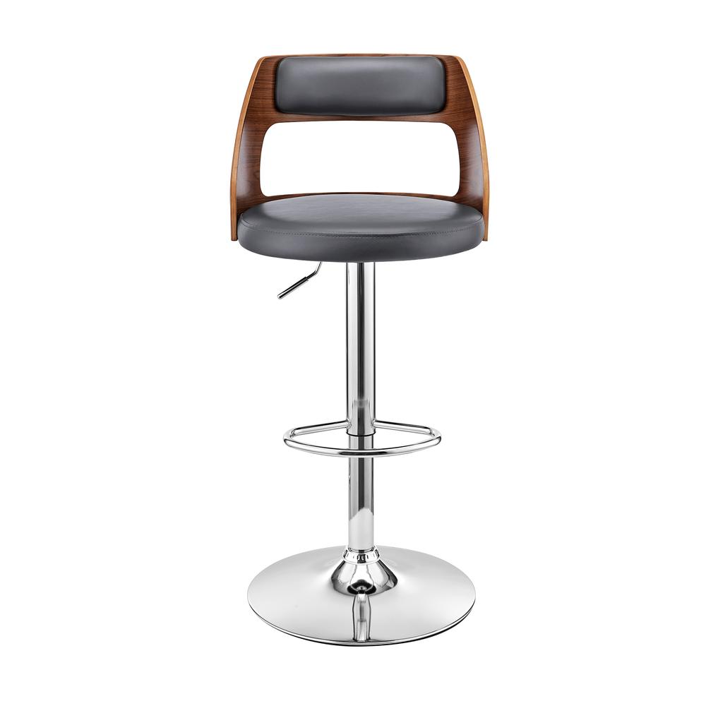 Itzan Adjustable Swivel Grey Faux Leather and Walnut Wood Bar Stool with Chrome Base. Picture 2