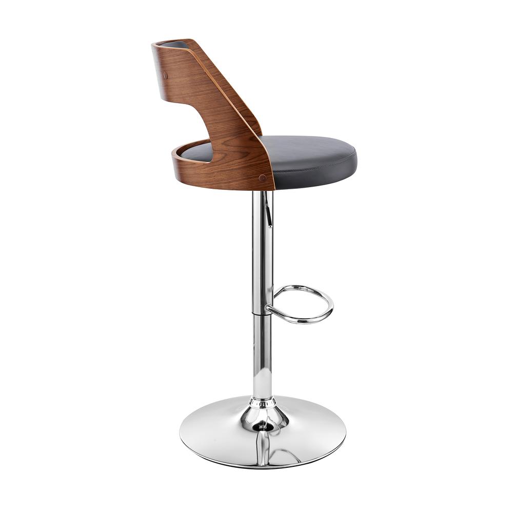 Itzan Adjustable Swivel Grey Faux Leather and Walnut Wood Bar Stool with Chrome Base. Picture 3