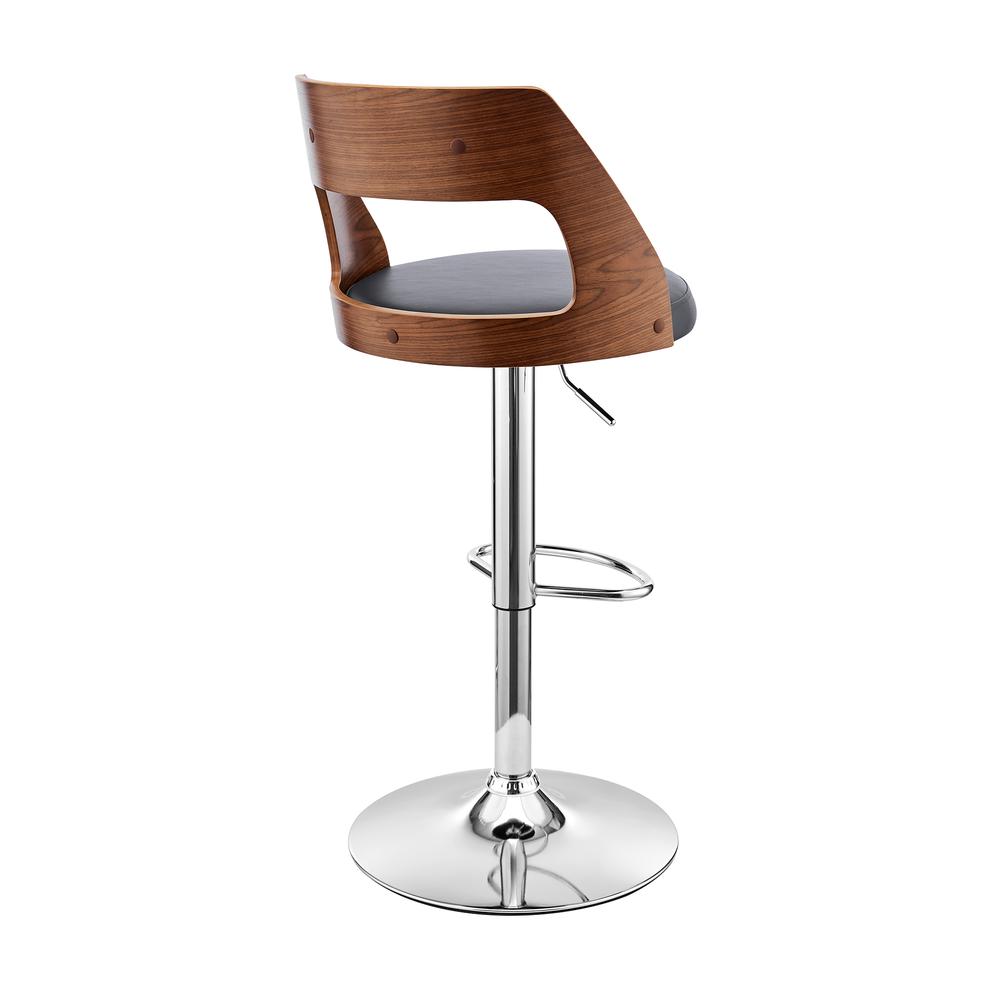 Itzan Adjustable Swivel Grey Faux Leather and Walnut Wood Bar Stool with Chrome Base. Picture 4