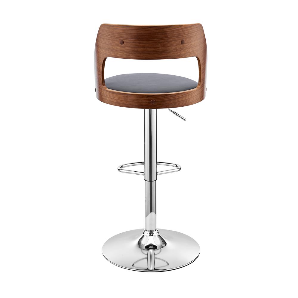 Itzan Adjustable Swivel Grey Faux Leather and Walnut Wood Bar Stool with Chrome Base. Picture 5