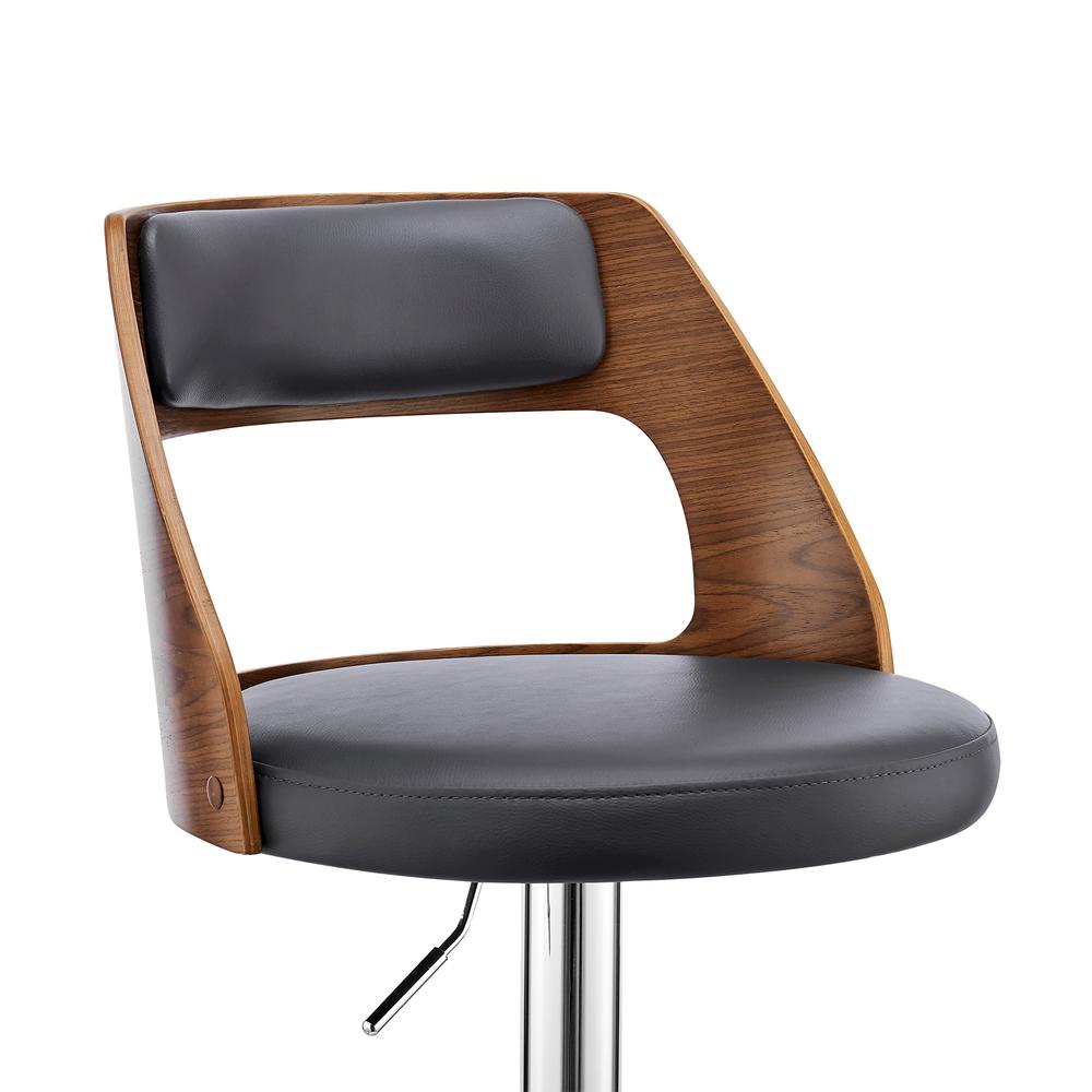 Itzan Adjustable Swivel Grey Faux Leather and Walnut Wood Bar Stool with Chrome Base. Picture 6