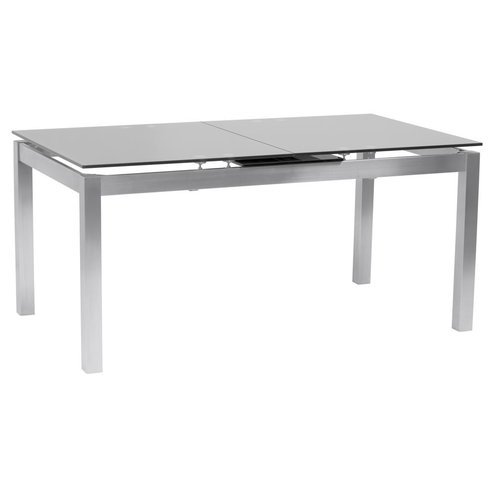 Extension Dining Table in Brushed Stainless Steel and Gray Tempered Glass Top. Picture 1
