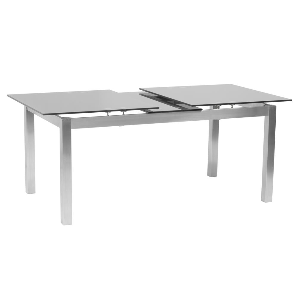 Extension Dining Table in Brushed Stainless Steel and Gray Tempered Glass Top. Picture 2
