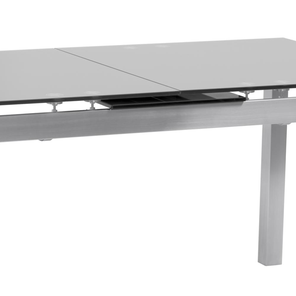 Extension Dining Table in Brushed Stainless Steel and Gray Tempered Glass Top. Picture 3