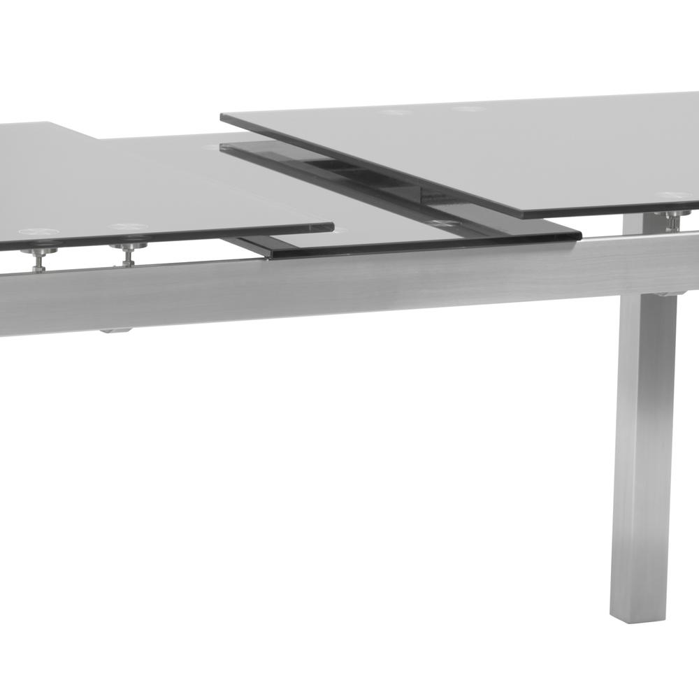 Extension Dining Table in Brushed Stainless Steel and Gray Tempered Glass Top. Picture 5