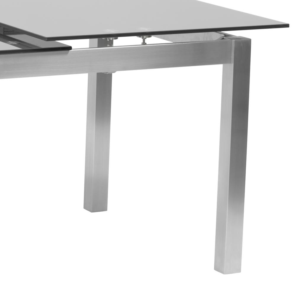 Extension Dining Table in Brushed Stainless Steel and Gray Tempered Glass Top. Picture 6