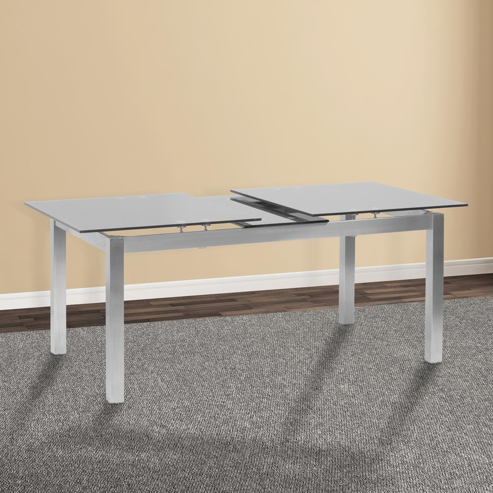 Extension Dining Table in Brushed Stainless Steel and Gray Tempered Glass Top. Picture 7