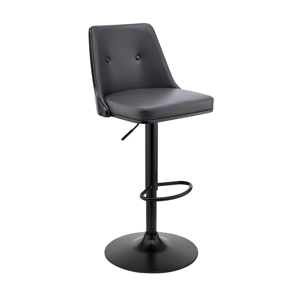 Jacob Adjustable Swivel Grey Faux Leather and Black Wood Bar Stool with Black Base. Picture 1
