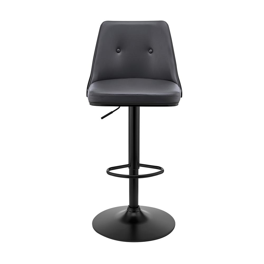 Jacob Adjustable Swivel Grey Faux Leather and Black Wood Bar Stool with Black Base. Picture 2