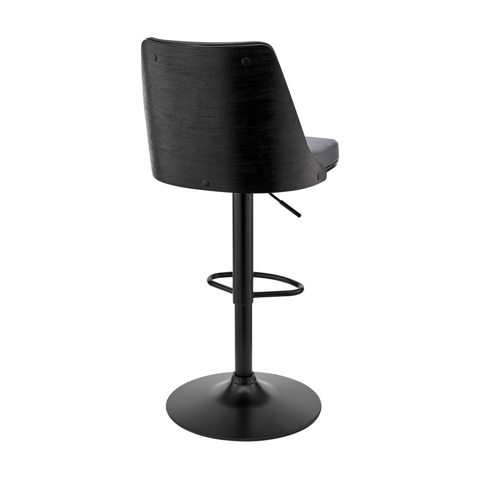 Jacob Adjustable Swivel Grey Faux Leather and Black Wood Bar Stool with Black Base. Picture 4