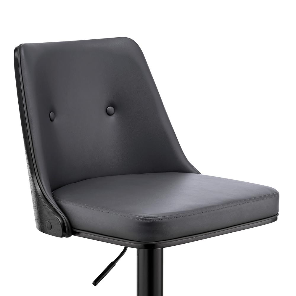 Jacob Adjustable Swivel Grey Faux Leather and Black Wood Bar Stool with Black Base. Picture 6