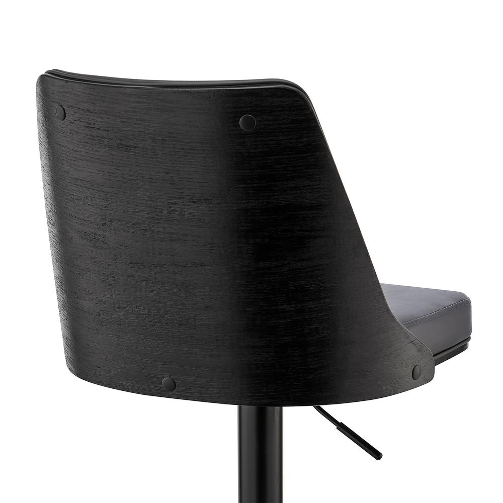 Jacob Adjustable Swivel Grey Faux Leather and Black Wood Bar Stool with Black Base. Picture 7