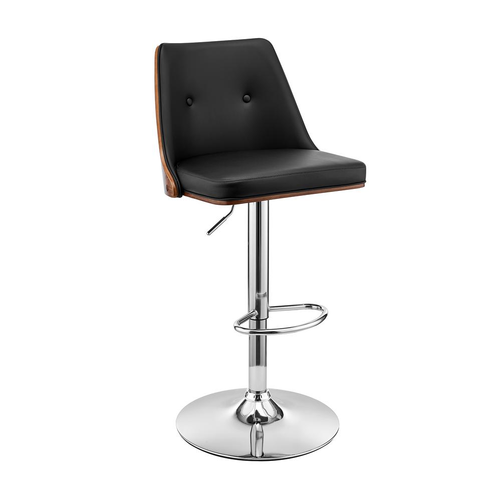 Jacob Adjustable Swivel Black Faux Leather and Walnut Wood Bar Stool with Chrome Base. Picture 1