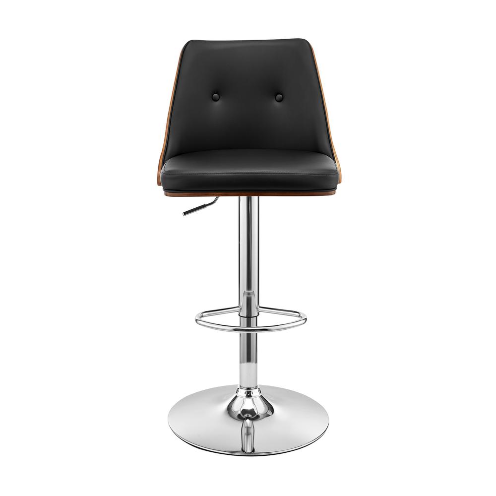Jacob Adjustable Swivel Black Faux Leather and Walnut Wood Bar Stool with Chrome Base. Picture 2