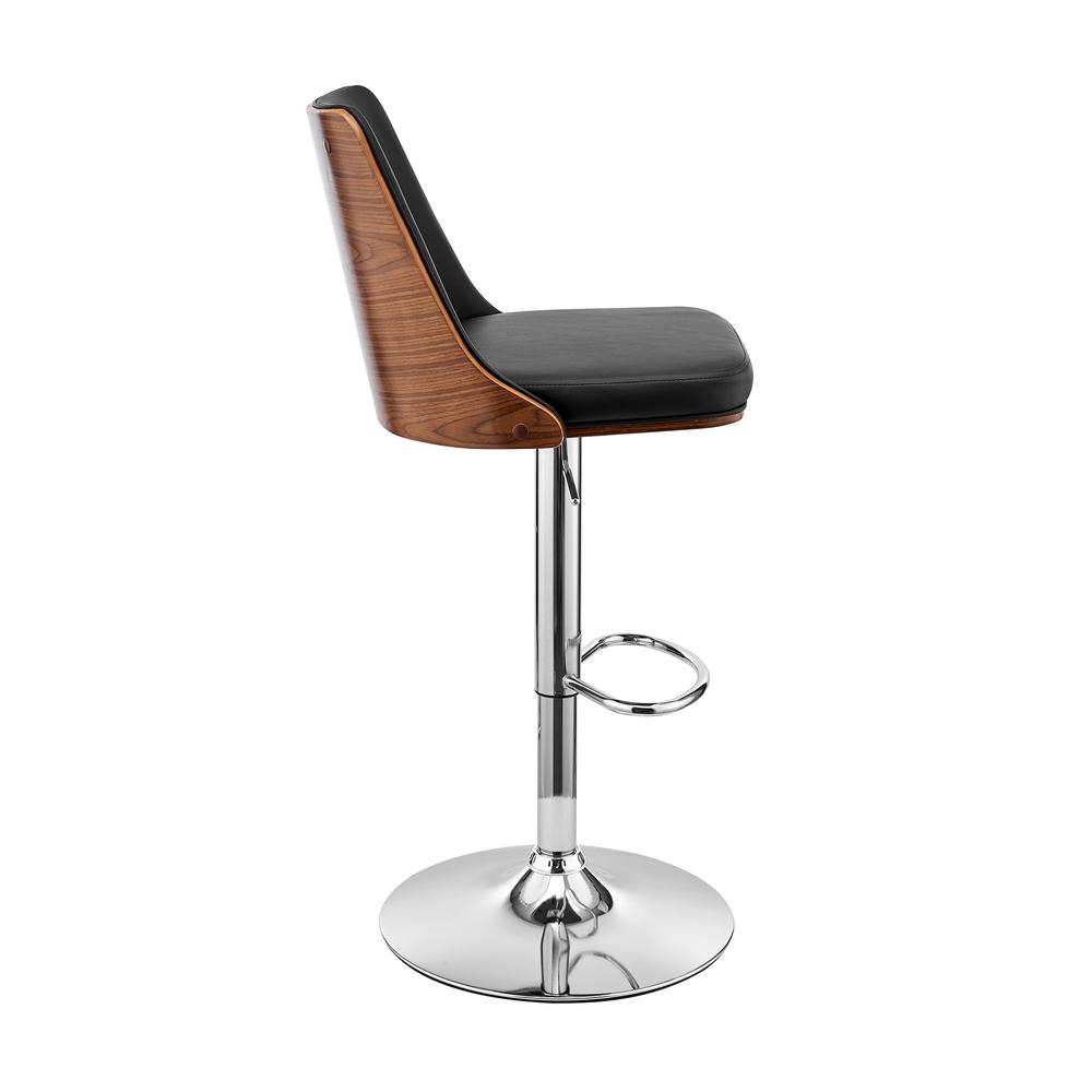 Jacob Adjustable Swivel Black Faux Leather and Walnut Wood Bar Stool with Chrome Base. Picture 3