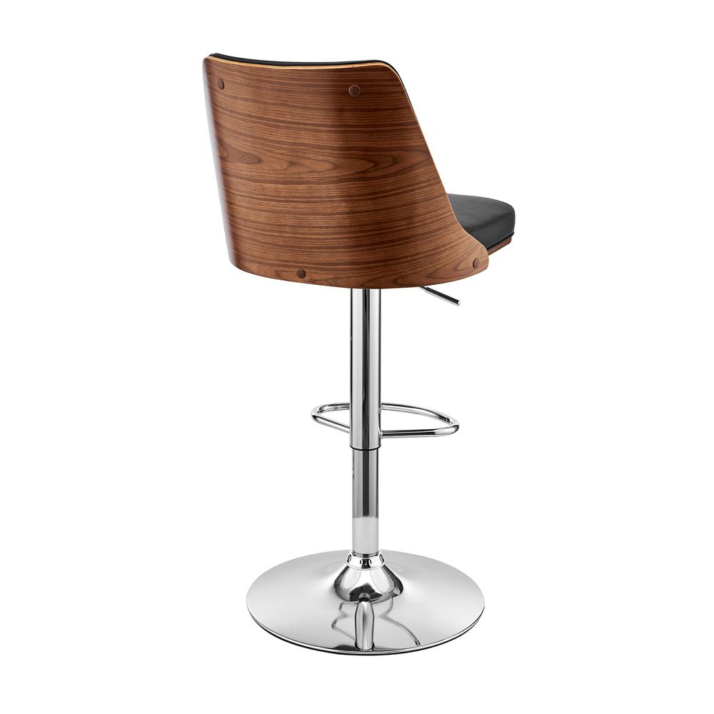 Jacob Adjustable Swivel Black Faux Leather and Walnut Wood Bar Stool with Chrome Base. Picture 4
