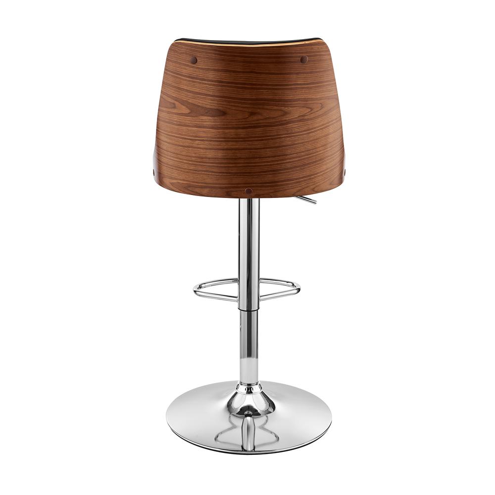 Jacob Adjustable Swivel Black Faux Leather and Walnut Wood Bar Stool with Chrome Base. Picture 5
