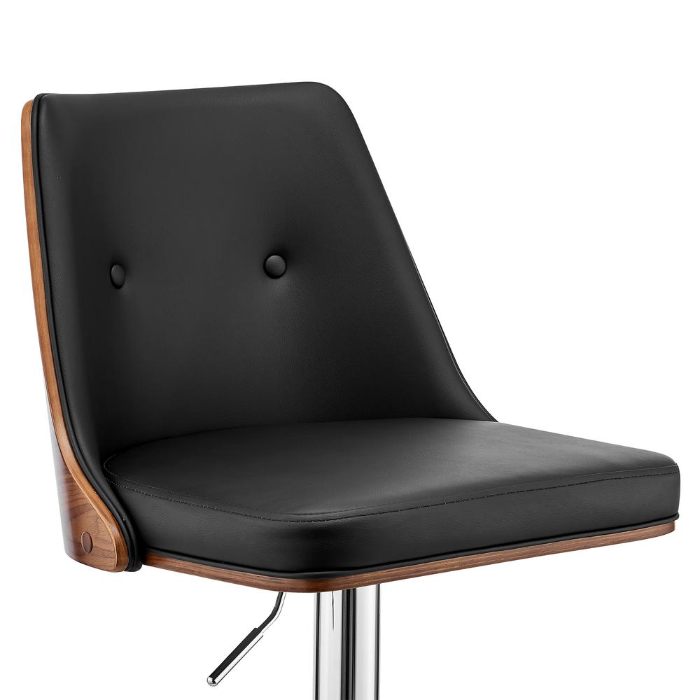 Jacob Adjustable Swivel Black Faux Leather and Walnut Wood Bar Stool with Chrome Base. Picture 6