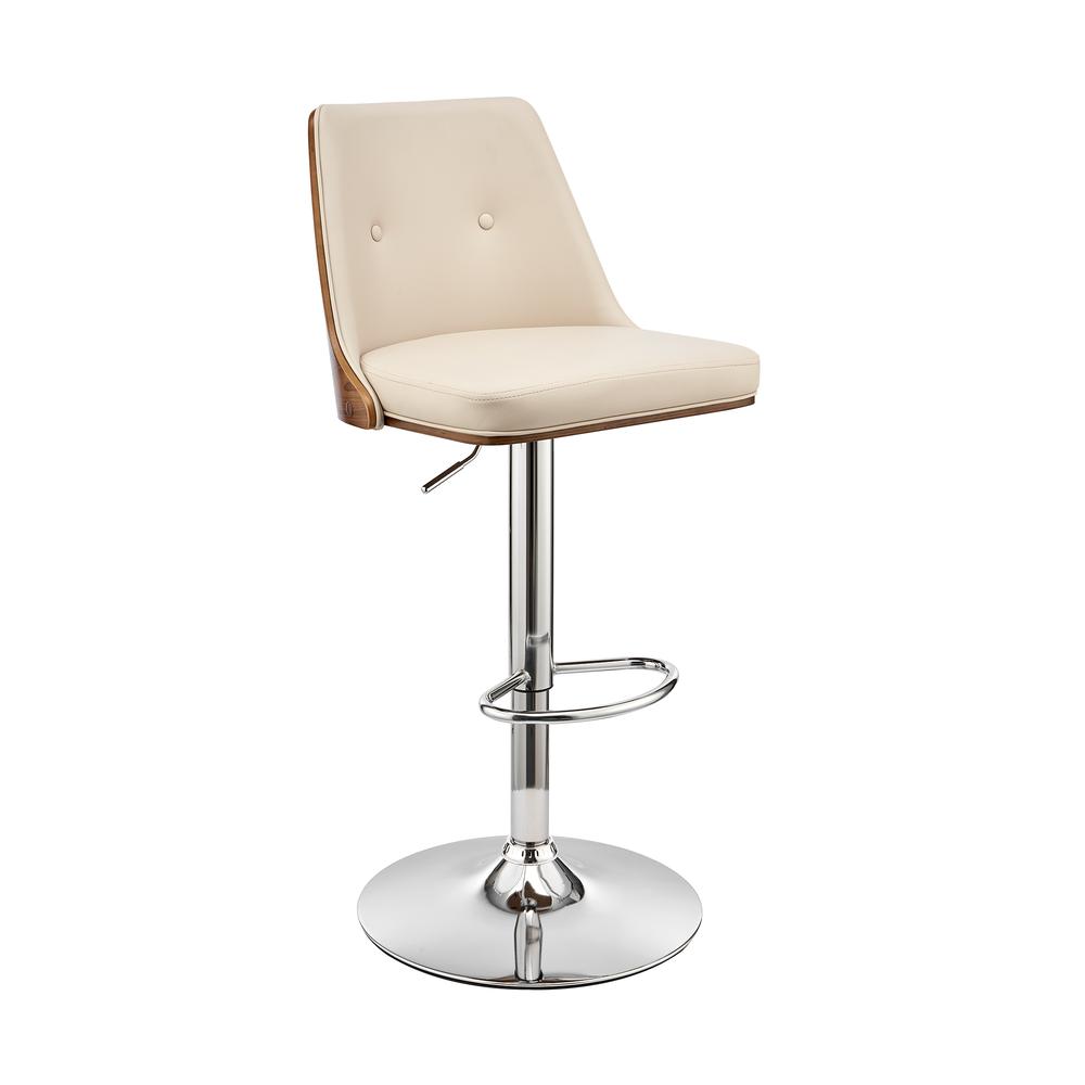 Jacob Adjustable and Swivel Cream Faux Leather and Walnut Wood Bar Stool with Chrome Base. The main picture.