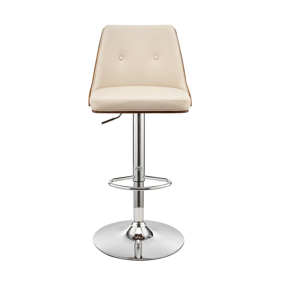 Jacob Adjustable and Swivel Cream Faux Leather and Walnut Wood Bar Stool with Chrome Base. Picture 2