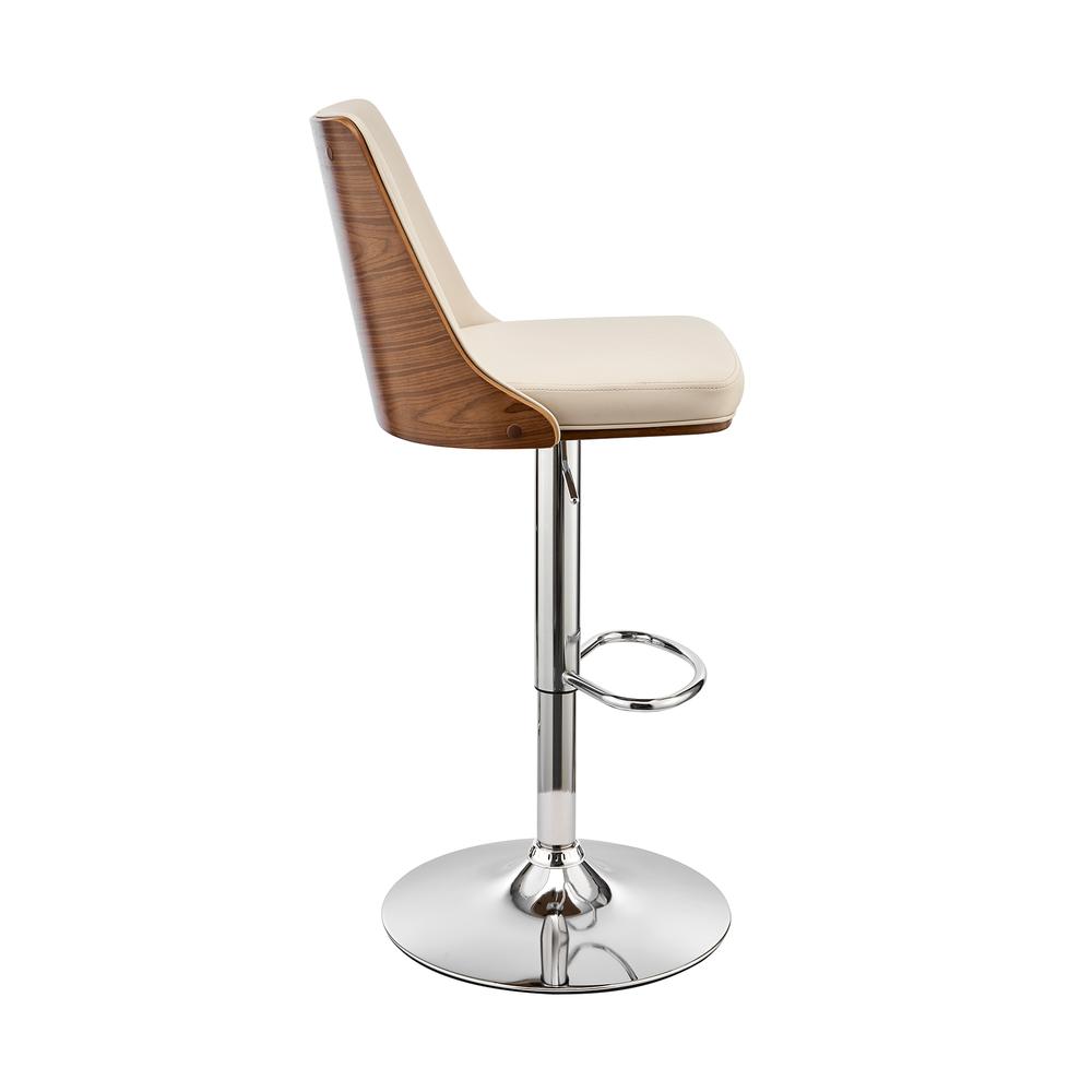 Jacob Adjustable and Swivel Cream Faux Leather and Walnut Wood Bar Stool with Chrome Base. Picture 3