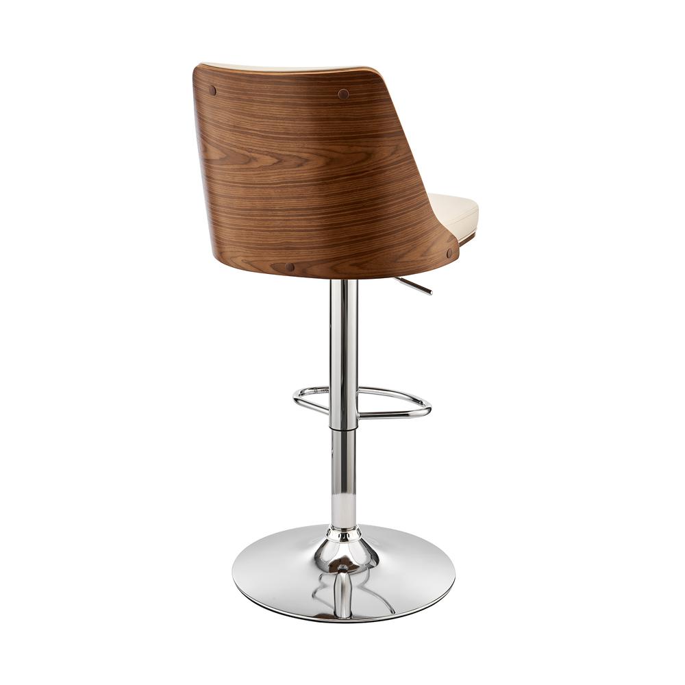 Jacob Adjustable and Swivel Cream Faux Leather and Walnut Wood Bar Stool with Chrome Base. Picture 4