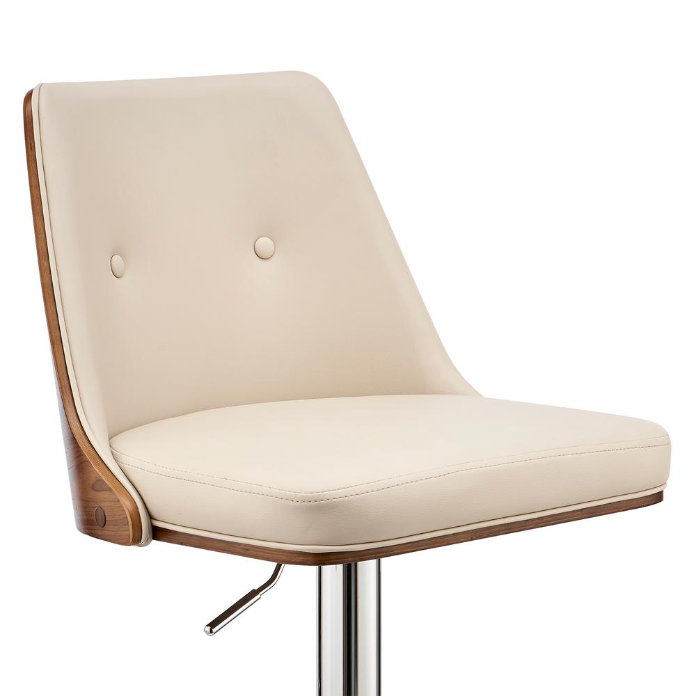 Jacob Adjustable and Swivel Cream Faux Leather and Walnut Wood Bar Stool with Chrome Base. Picture 6