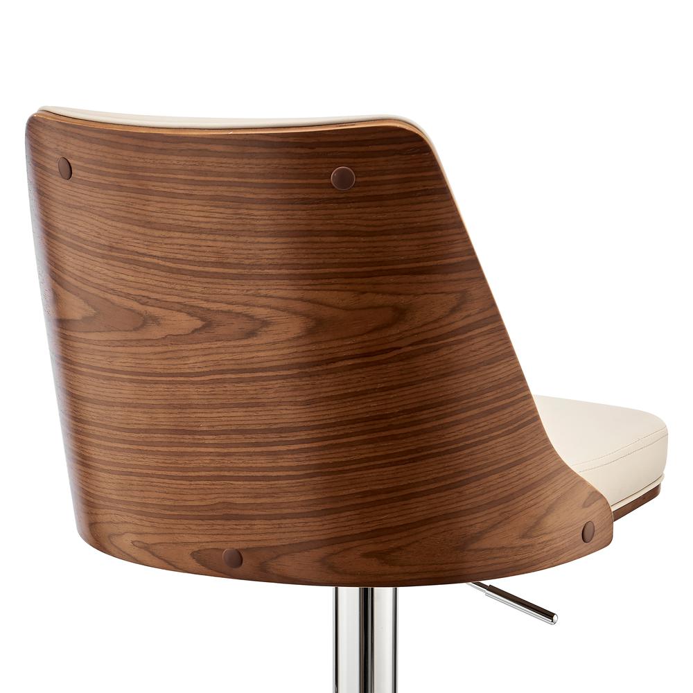 Jacob Adjustable and Swivel Cream Faux Leather and Walnut Wood Bar Stool with Chrome Base. Picture 7