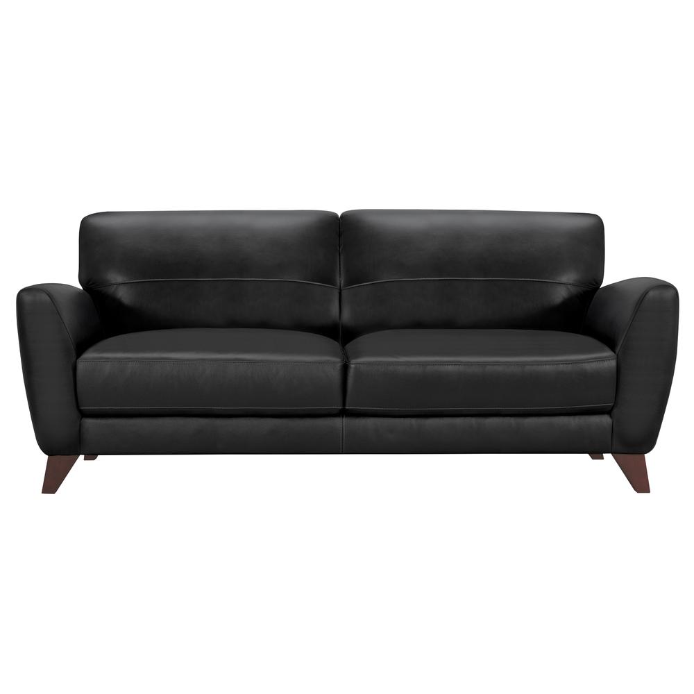 Armen Living Jedd Contemporary Sofa in Genuine Black Leather with Brown Wood Legs. The main picture.