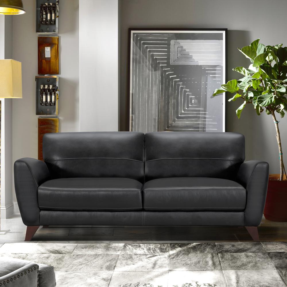Contemporary Sofa in Genuine Black Leather with Brown Wood Legs. Picture 5