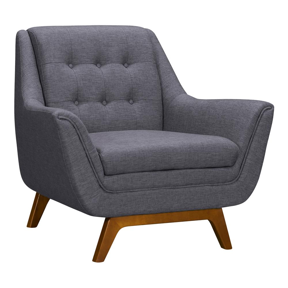 Janson Mid-Century Sofa Chair in Champagne Wood Finish and Dark Grey Fabric. Picture 1