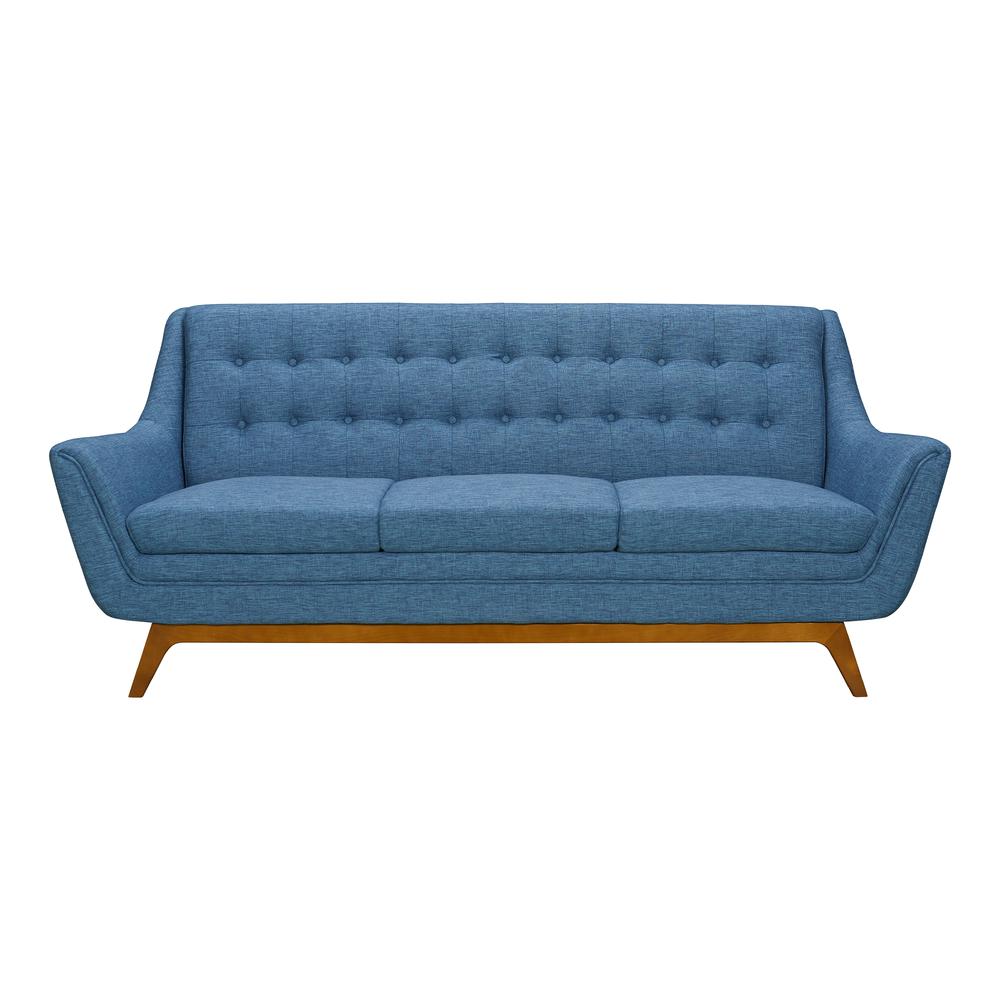 Janson Mid-Century Sofa in Champagne Wood Finish and Blue Fabric. Picture 1