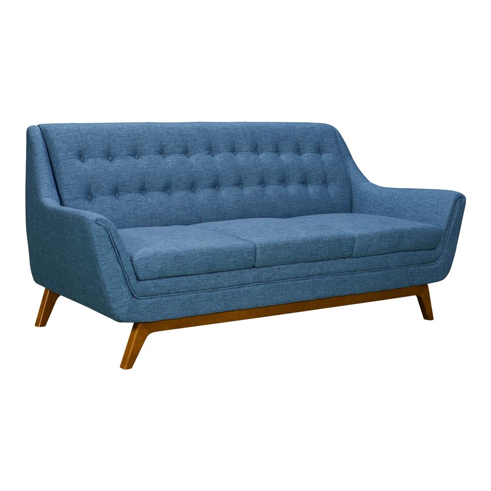 Janson Mid-Century Sofa in Champagne Wood Finish and Blue Fabric. Picture 2
