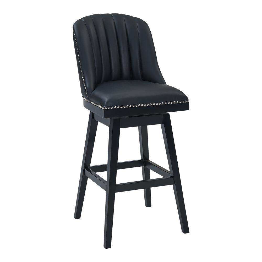 26" Counter Height Wood Swivel Barstool in Black Wood Finish with Black Faux Leather. Picture 1