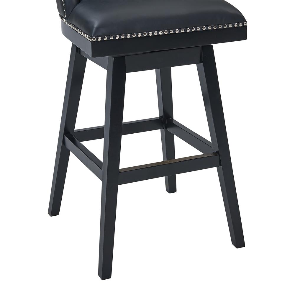 26" Counter Height Wood Swivel Barstool in Black Wood Finish with Black Faux Leather. Picture 6