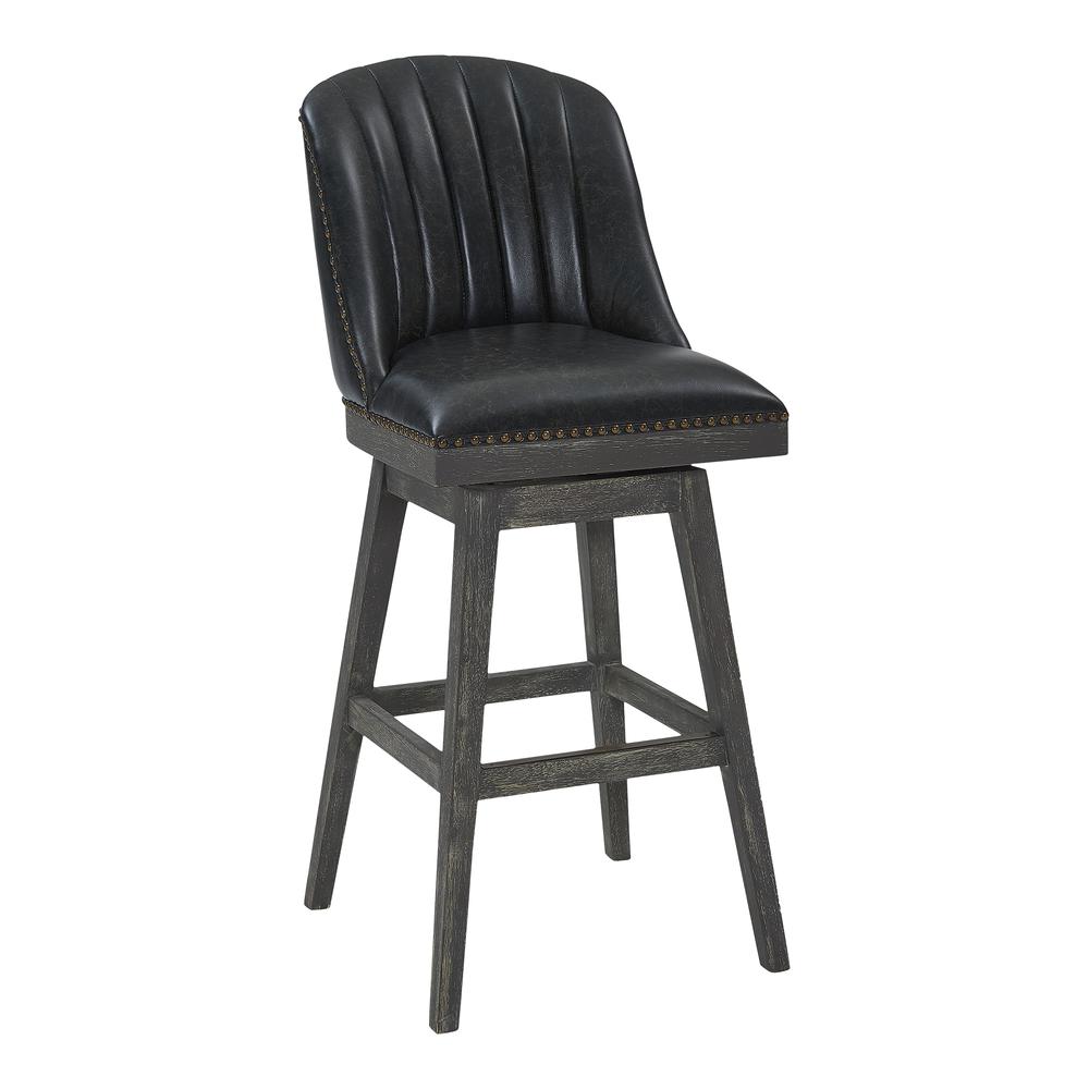 30" Bar Height Wood Swivel Barstool in American Grey Finish - Onyx Faux Leather. Picture 1