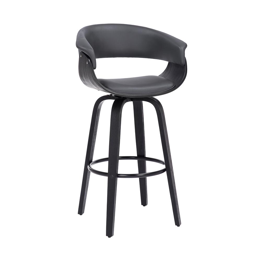 Julyssa 30" Bar Height Swivel Grey Faux Leather and Black Wood Bar Stool. Picture 1