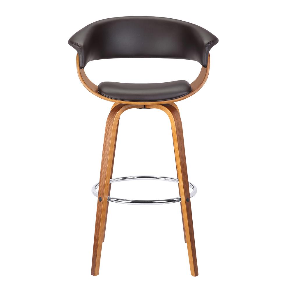 Armen Living Julyssa 30" Mid-Century Swivel Bar Height Barstool in Brown Faux Leather with Walnut Wood. Picture 2