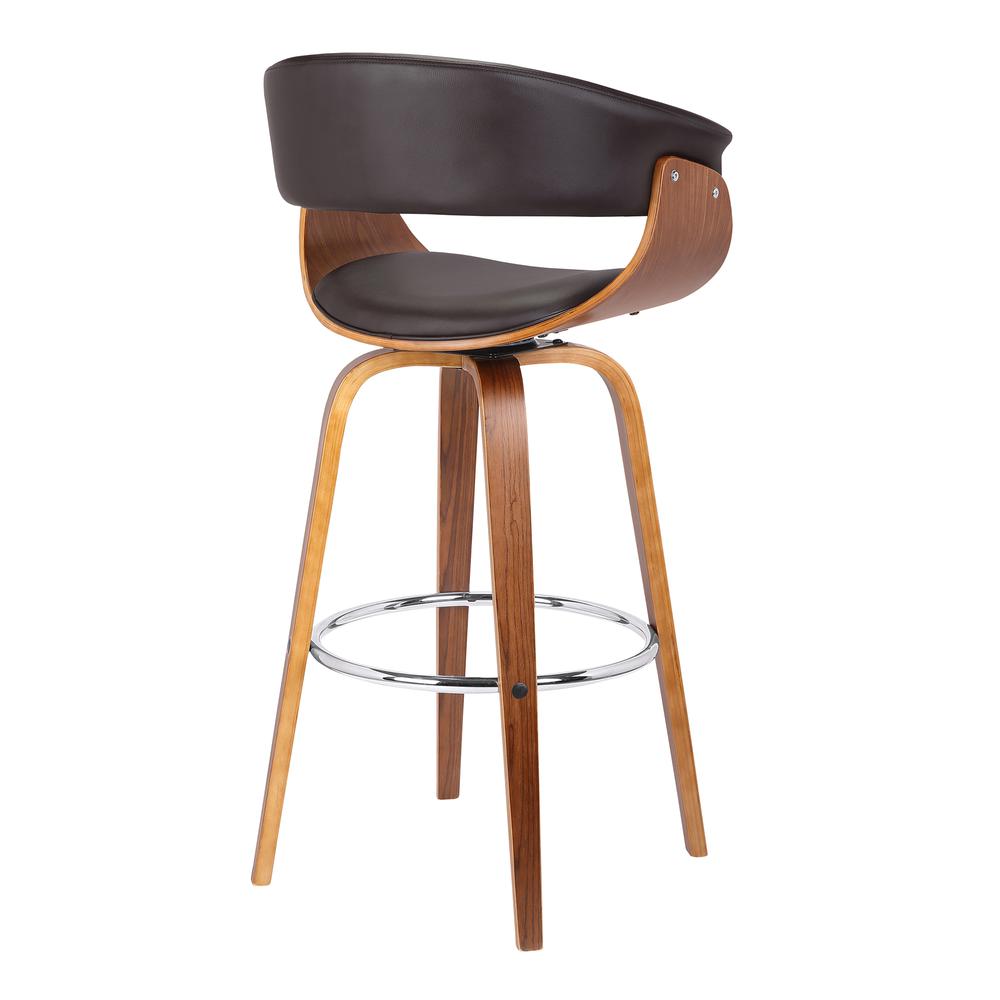 Armen Living Julyssa 30" Mid-Century Swivel Bar Height Barstool in Brown Faux Leather with Walnut Wood. Picture 3