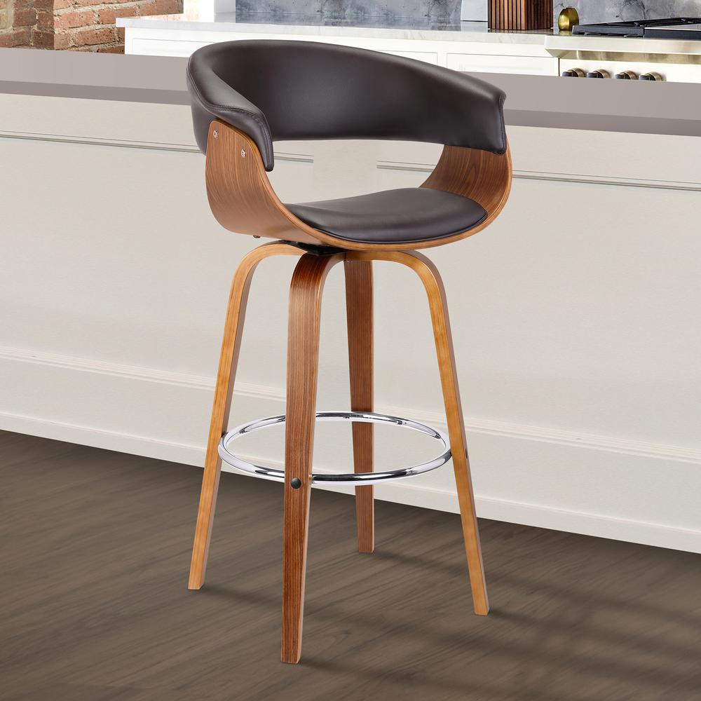30" Mid-Century Swivel Bar Height Barstool in Brown Faux Leather with Walnut Wood. Picture 7