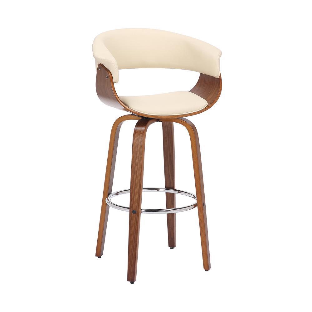 Julyssa 30" Bar Height Swivel Cream Faux Leather and Walnut Wood Bar Stool. Picture 1