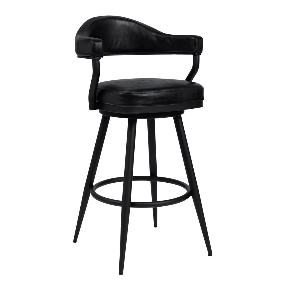 30" Bar Height Barstool in a Black Powder Coated Finish and Vintage Black Faux Leather. Picture 1