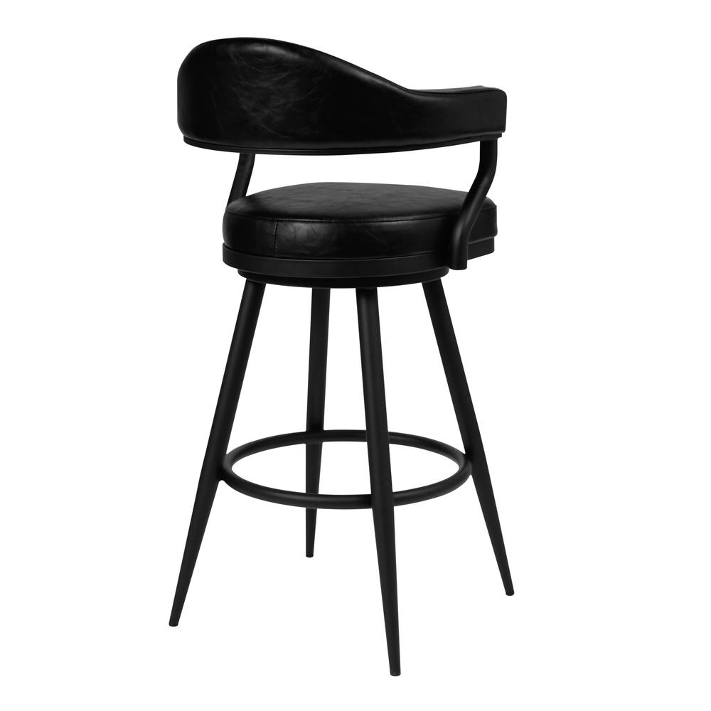 30" Bar Height Barstool in a Black Powder Coated Finish and Vintage Black Faux Leather. Picture 2