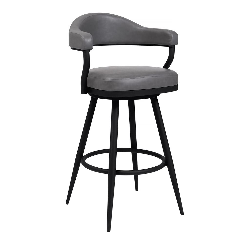 Justin 26" Counter Height Barstool in a Black Powder Coated Finish and Vintage Grey Faux Leather. Picture 1