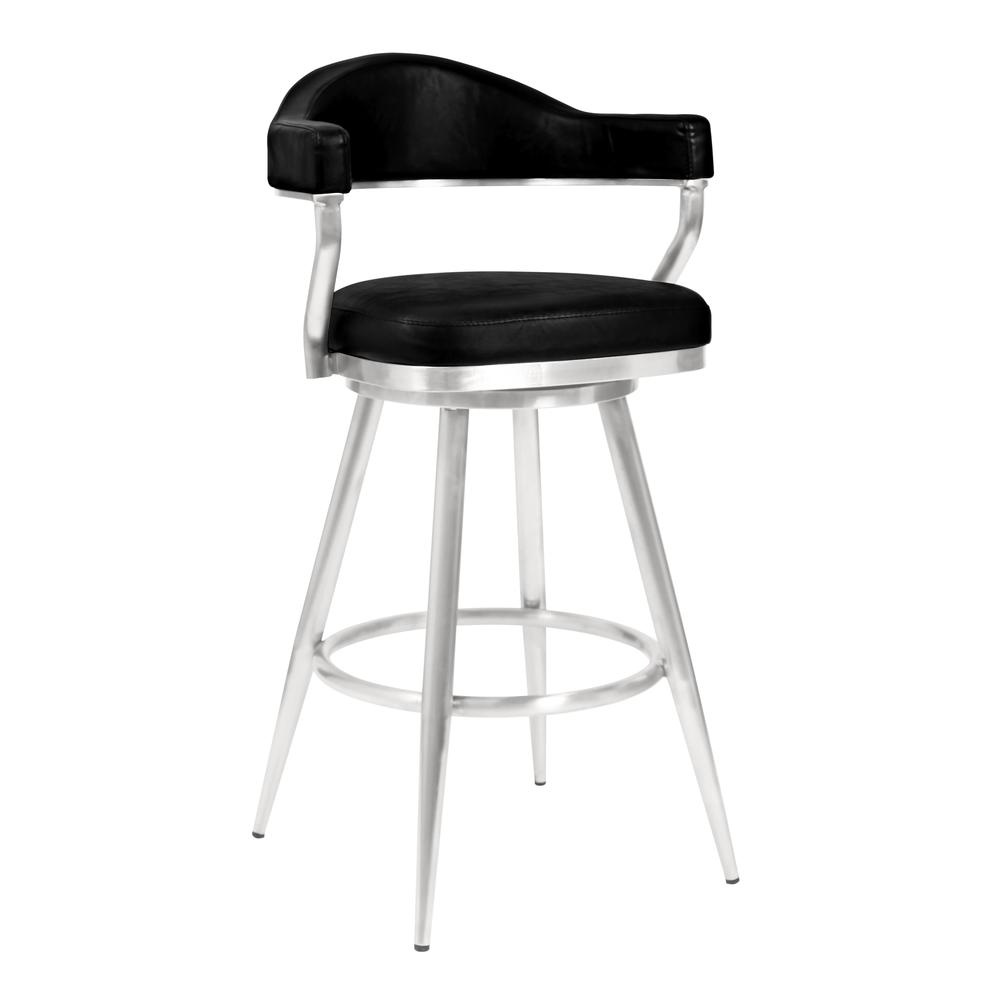 Justin 26" Counter Height Barstool in Brushed Stainless Steel and Vintage Black Faux Leather. The main picture.