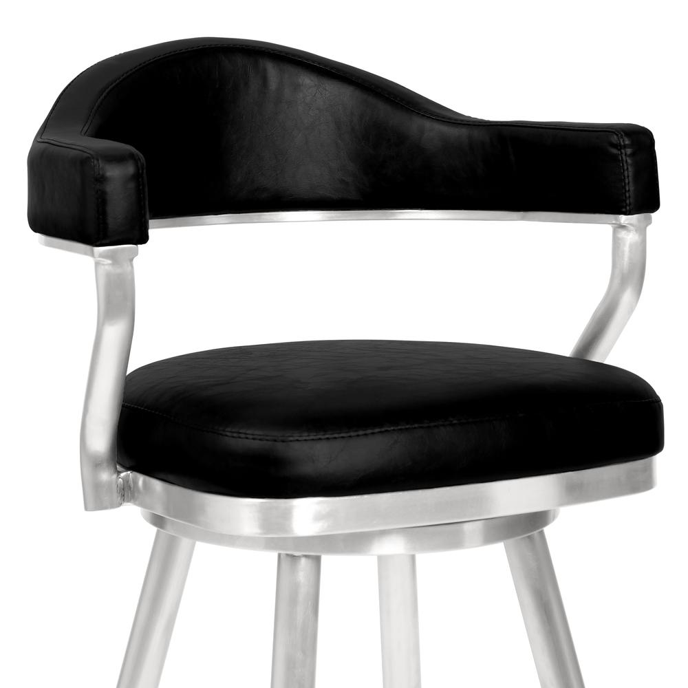 Justin 26" Counter Height Barstool in Brushed Stainless Steel and Vintage Black Faux Leather. Picture 3